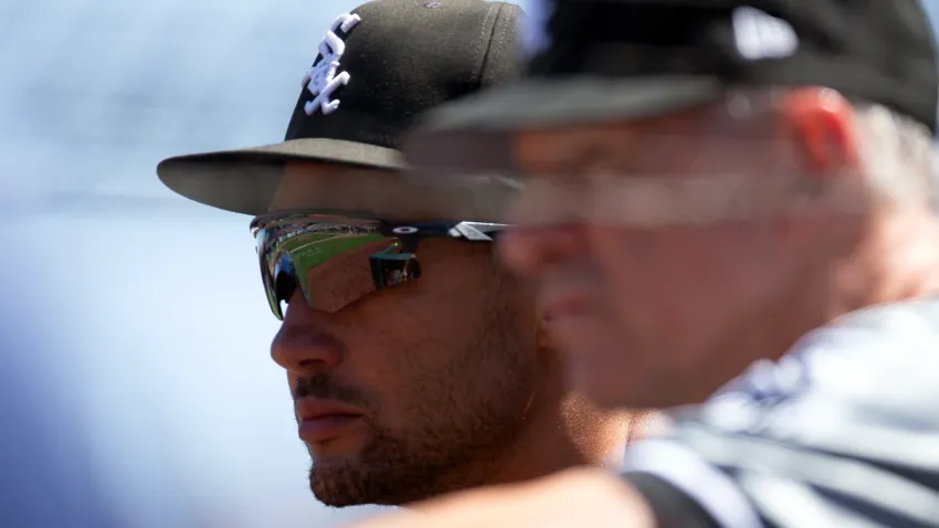 Aug 21, 2024; San Francisco, California, USA; Chicago White Sox interim manager Grady Sizemore (left) watches his team take on the San Francisco Giants during the sixth inning at Oracle Park. Mandatory Credit: D. Ross Cameron-USA TODAY Sports