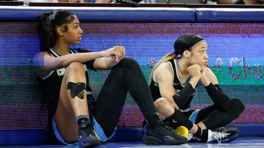 Aug 25, 2024; Chicago, Illinois, USA; Chicago Sky forward Angel Reese (5) and guard Chennedy Carter (7) wait to enter the game against the Las Vegas Aces during the first half at Wintrust Arena. Mandatory Credit: Kamil Krzaczynski-USA TODAY Sports