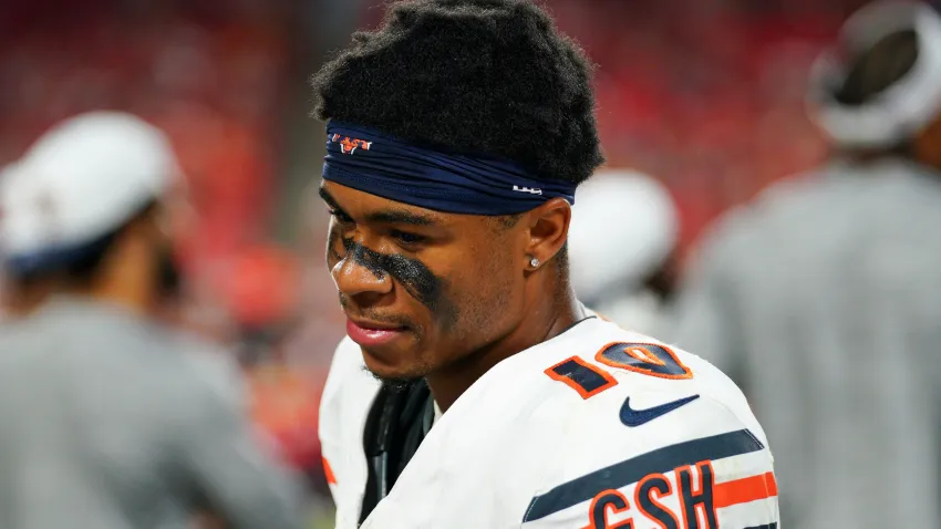 Aug 22, 2024; Kansas City, Missouri, USA; Chicago Bears wide receiver Tyler Scott (10) on the sidelines against the Kansas City Chiefs during the game at GEHA Field at Arrowhead Stadium. Mandatory Credit: Denny Medley-USA TODAY Sports