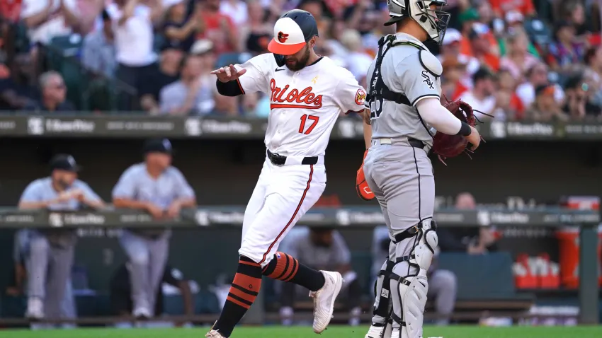 Sep 2, 2024; Baltimore, Maryland, USA; Baltimore Orioles outfielder Colton Cowser (17) scores during the sixth inning against the Chicago White Sox at Oriole Park at Camden Yards. Mandatory Credit: Mitch Stringer-USA TODAY Sports