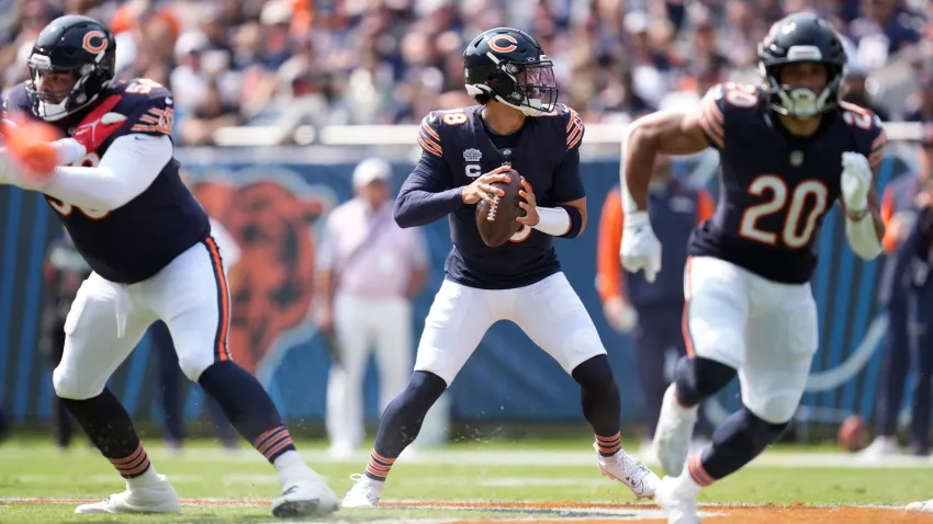 Chicago Bears quarterback Caleb Williams (18) drops back to pass against the Tennessee Titans in the first quarter of their game at Soldier Field in Chicago, Ill., Sunday, Sept. 8, 2024. Mandatory Credit: Andrew Nelles/USA TODAY NETWORK via Imagn Images