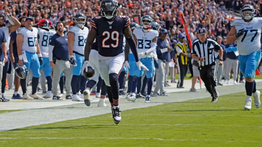 Sep 8, 2024; Chicago, Illinois, USA; Chicago Bears cornerback Tyrique Stevenson (29) intercepts a pass against the Tennessee Titans for a touchdown during the second half at Soldier Field. Mandatory Credit: David Banks-Imagn Images