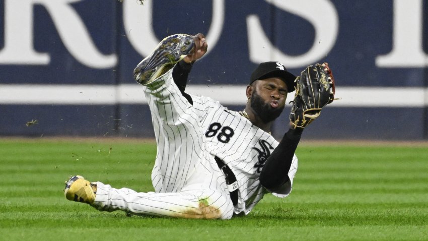 Sep 13, 2024; Chicago, Illinois, USA;  Chicago White Sox outfielder Luis Robert Jr. (88) catches a fly ball hit by Oakland Athletics outfielder Seth Brown (15) during the sixth inning at Guaranteed Rate Field. Mandatory Credit: Matt Marton-Imagn Images