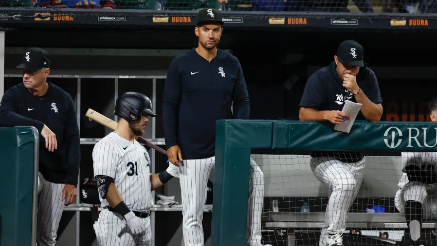 Sep 24, 2024; Chicago, Illinois, USA; Chicago White Sox interim manager Grady Sizemore (24) looks on from the dugout during the fourth inning of a baseball game against the Los Angeles Angels at Guaranteed Rate Field. Mandatory Credit: Kamil Krzaczynski-Imagn Images