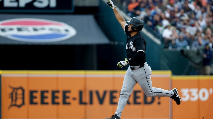 Sep 29, 2024; Detroit, Michigan, USA;  Chicago White Sox third baseman Lenyn Sosa (50) celebrates after he hits a three run home run in the third inning against the Detroit Tigers at Comerica Park. Mandatory Credit: Rick Osentoski-Imagn Images